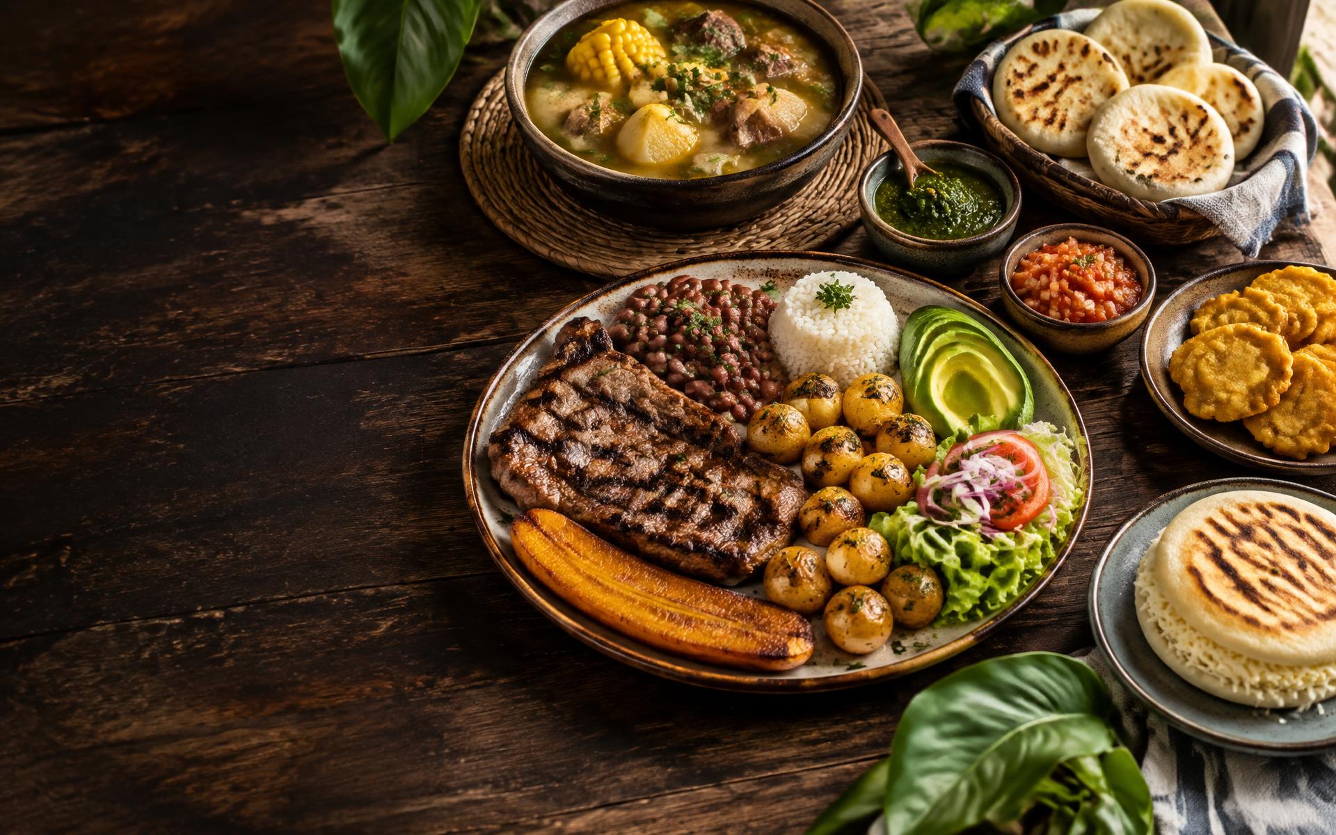 Mesa con una selección ilustrativa de comida colombiana